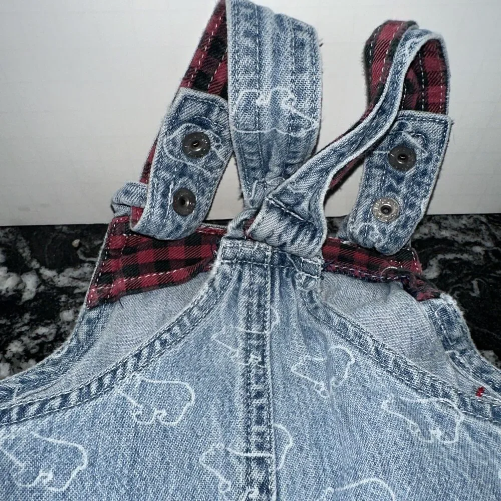 Vintage 90s Baby GAP Polar Bear Denim Overalls USA Made Red Plaid Lined Toddler